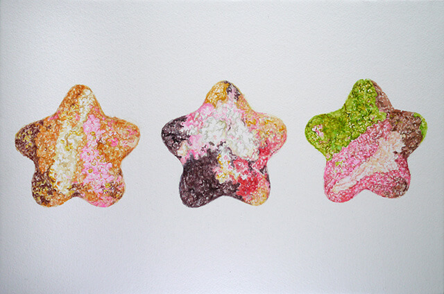 パンがなければお菓子を食べればいいじゃない的な甘く美しい三ツ星(欧米的または中国的あるいは旧ソ連的な理想・幻想としての星形に矯正された日本のいちご大福とアメリカのドーナツとフランスのマカロン) 2015年 パネルにモンバル紙、水彩　27×41㎝