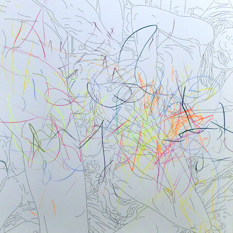 不自然のドローイング#15 2014年 木製パネルにケント紙、インクジェットプリント、色鉛筆 53x53cm